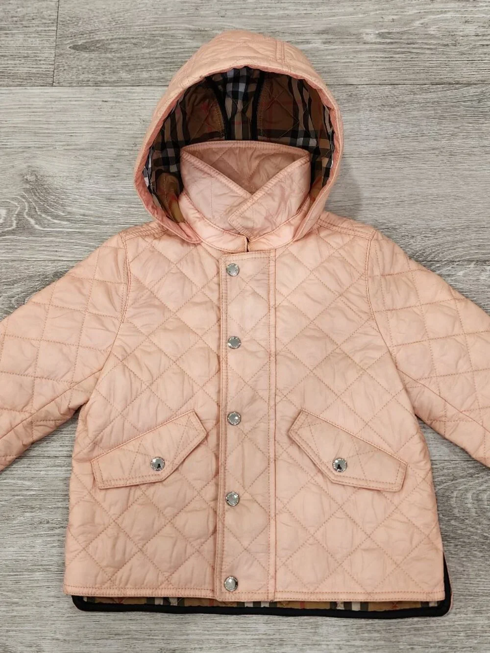 Burberry Toddler Diamond Quilted Hooded Jacket Nova Check Pink Size 18M